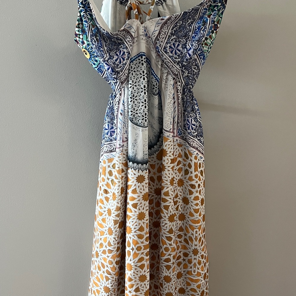 Studio WHITE CLOSET Blue and White Tiered maxi Sundress with Halter Neckline